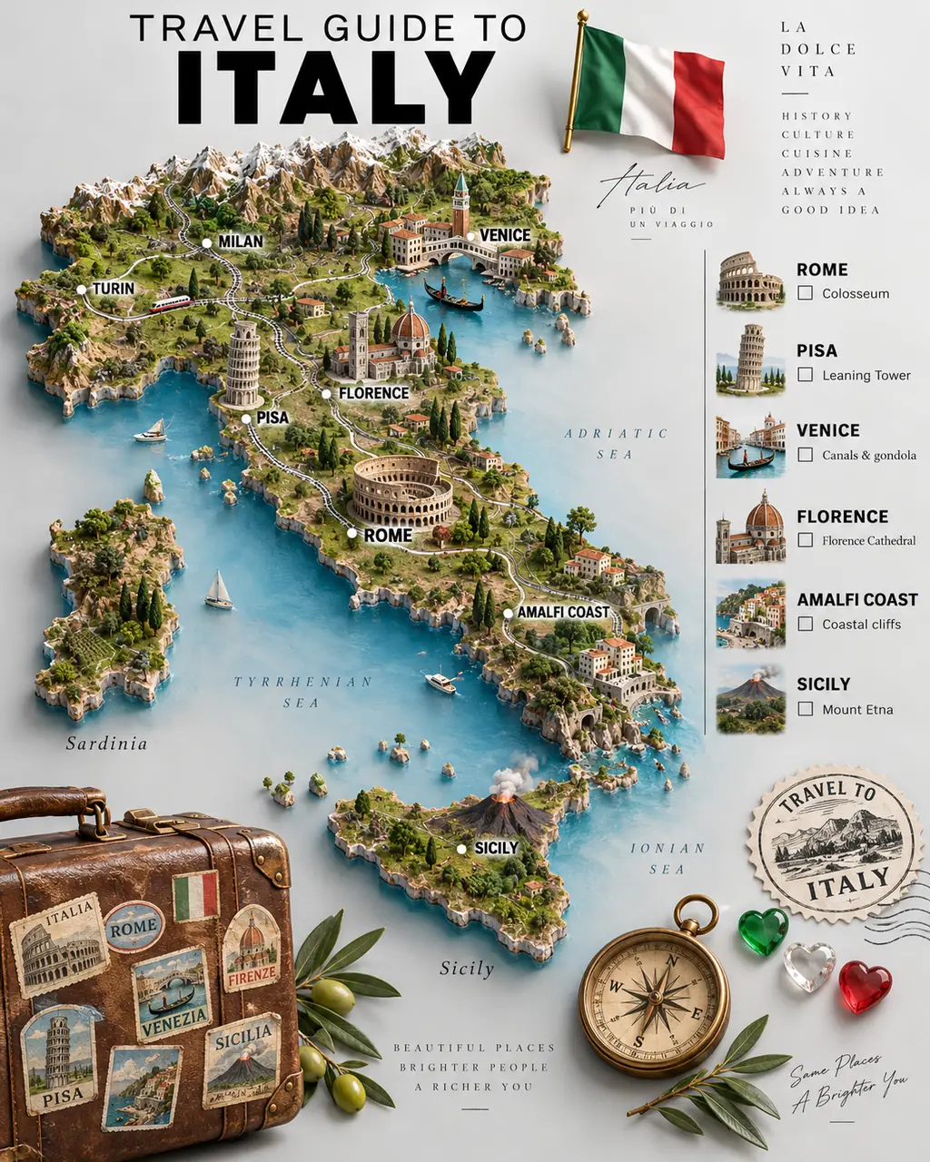 Travel guide poster titled TRAVEL GUIDE TO ITALY with a raised 3D terrain map of Italy, miniature landmarks in Rome, Pisa, Venice, Florence, the Amalfi Coast and Sicily, a city checklist, a suitcase with stickers and a compass.