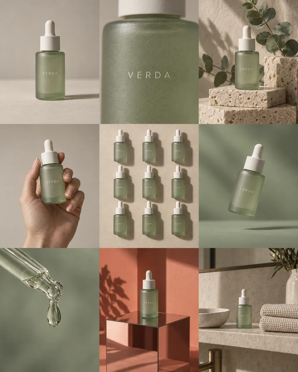 Nine-panel grid of a frosted sage-green dropper bottle labelled VERDA: studio hero, label close-up, stone blocks with eucalyptus, held in a hand, a top-down grid of bottles, floating, a drop from the dropper, a mirror cube in a coral room and a bathroom shelf.