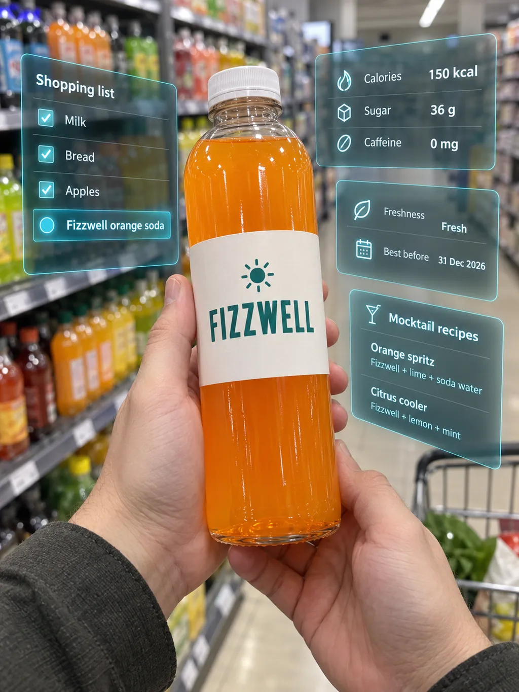 First-person view in a supermarket aisle: hands hold a FIZZWELL orange soda bottle while floating AR panels show a shopping list, nutrition facts, freshness, a best-before date and mocktail ideas.