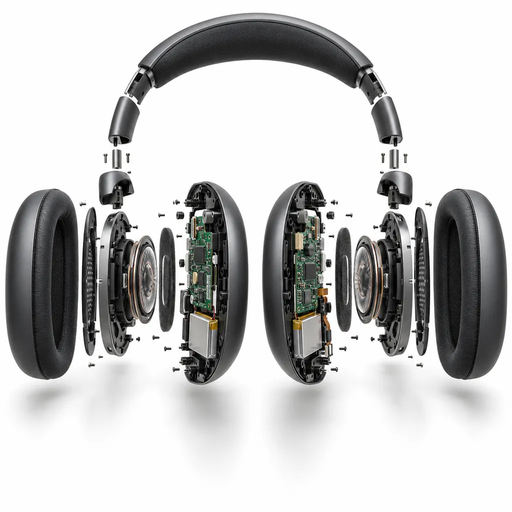 Exploded view of an unbranded wireless over-ear headphone, with ear-cup shells, drivers, cushions, circuit boards, battery and tiny screws floating in alignment on a white background.