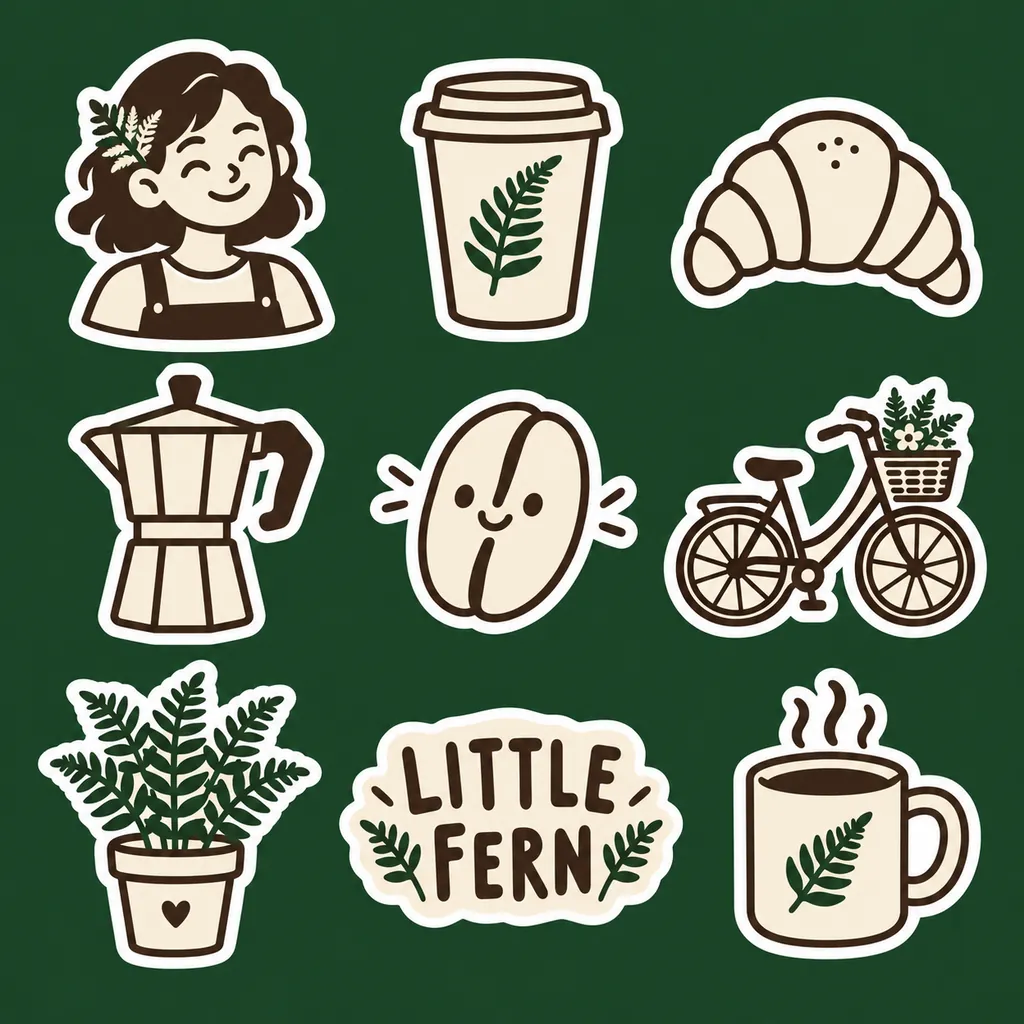 Sheet of nine cream and brown line-art stickers for a cafe called Little Fern on dark green: a smiling barista, takeaway cup, croissant, moka pot, coffee bean, bicycle, potted fern, wordmark and mug.