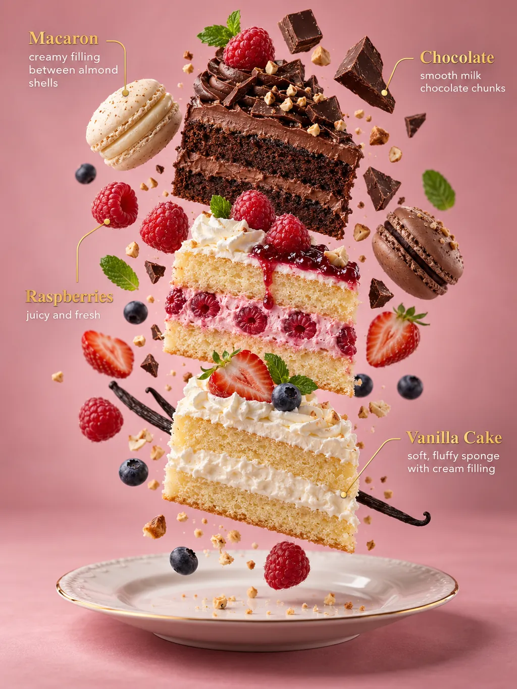 Three layered cake slices stacked in mid-air above a white plate on a pink background, with macarons, berries and chocolate pieces and gold labels: Macaron, Chocolate, Raspberries, Vanilla Cake.